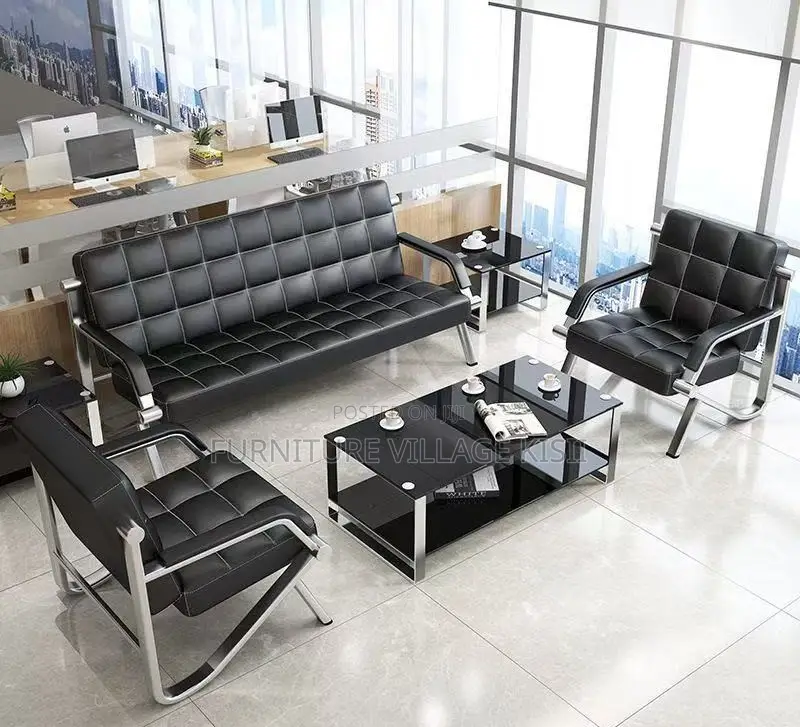 Office Chair;5-Seater Black Leather Reception Sofa Set