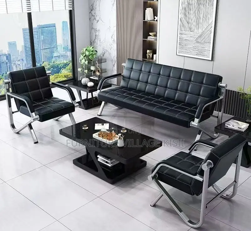 Office Chair;5-Seater Black Leather Reception Sofa Set