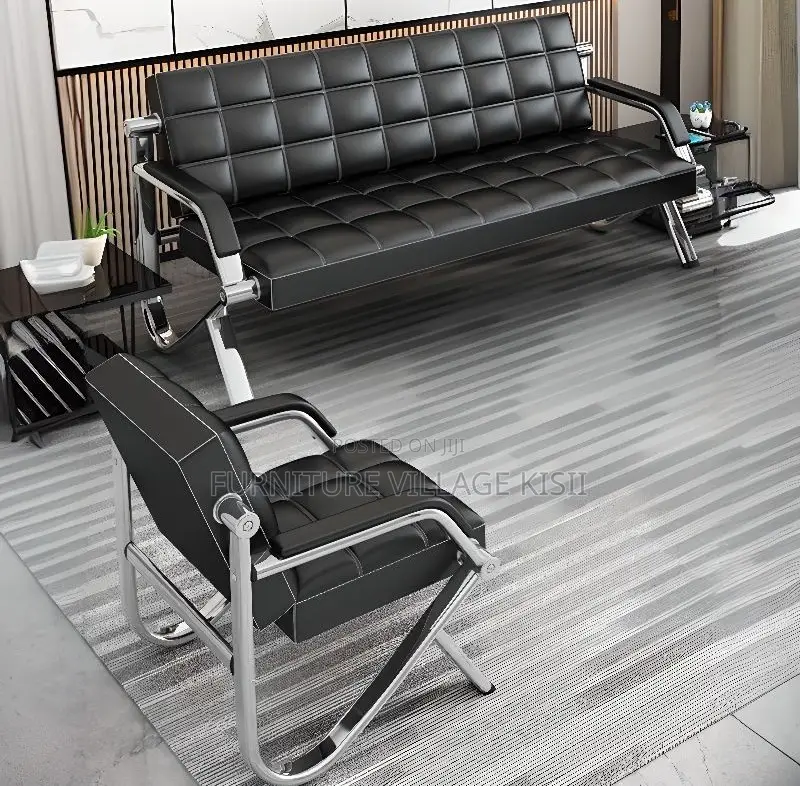 Office Chair;5-Seater Black Leather Reception Sofa Set