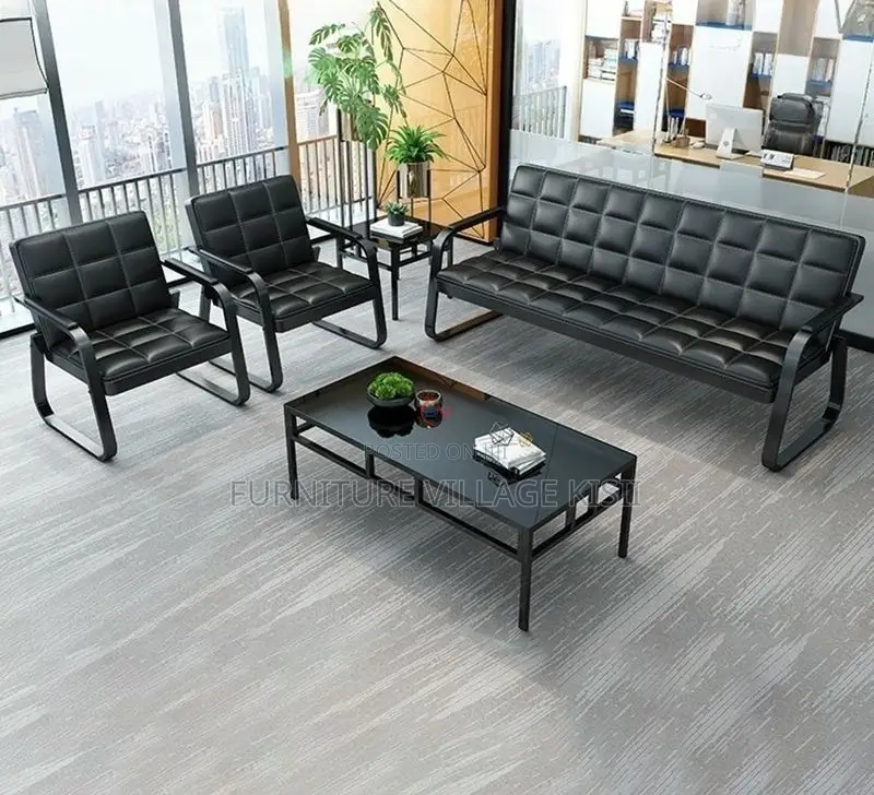 Office Chair;5-Seater Black Leather Reception Sofa Set