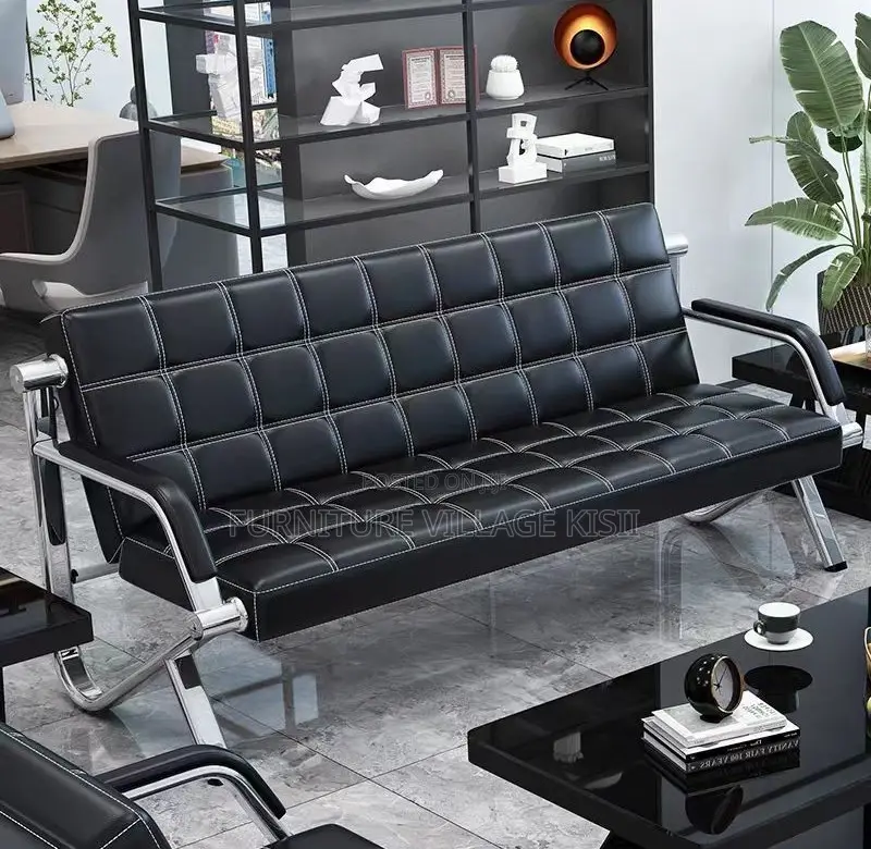 Office Chair;5-Seater Black Leather Reception Sofa Set