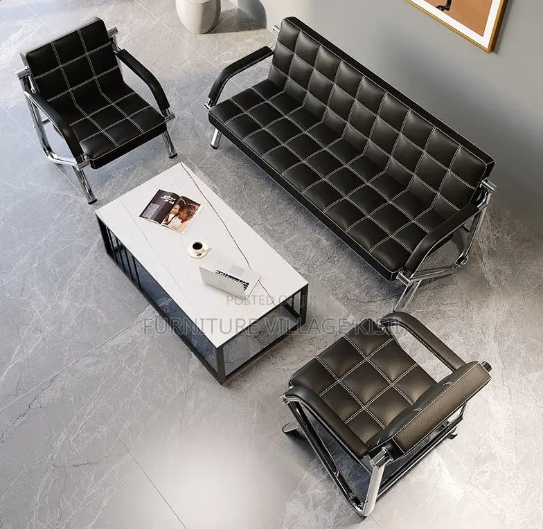 Office Chair;5-Seater Black Leather Reception Sofa Set
