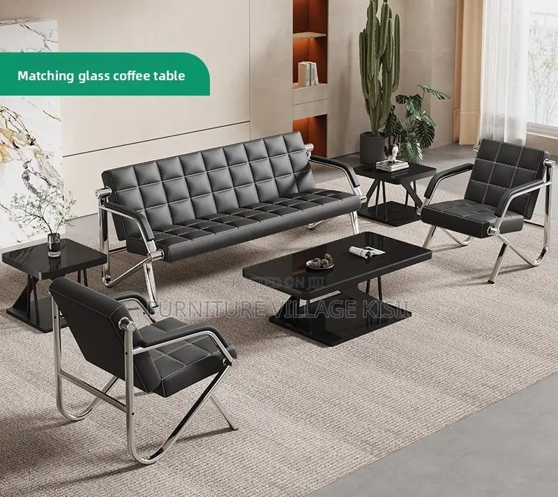 Office Chair;5-Seater Black Leather Reception Sofa Set