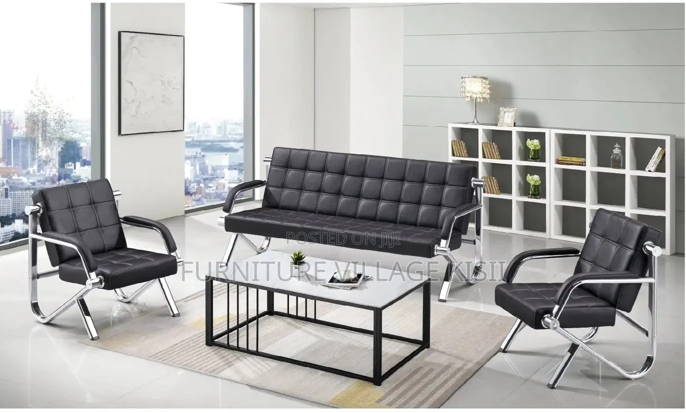 Office Chair;5-Seater Black Leather Reception Sofa Set