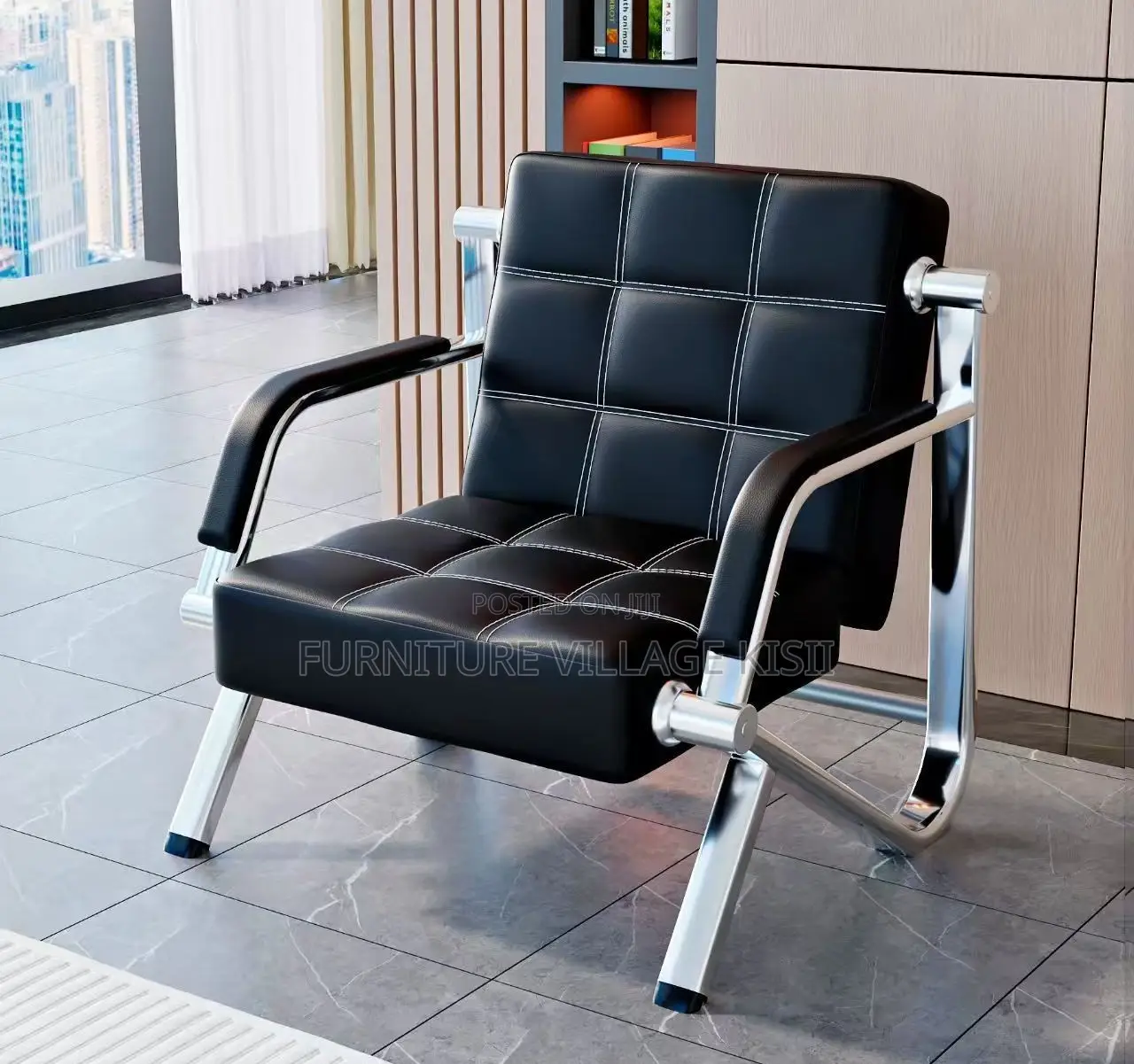 Office Chair;5-Seater Black Leather Reception Sofa Set