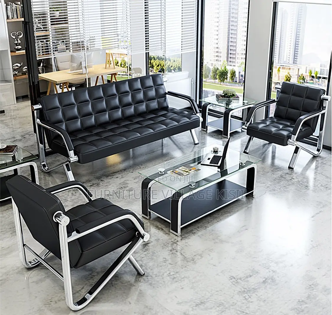 Office Chair;5-Seater Black Leather Reception Sofa Set