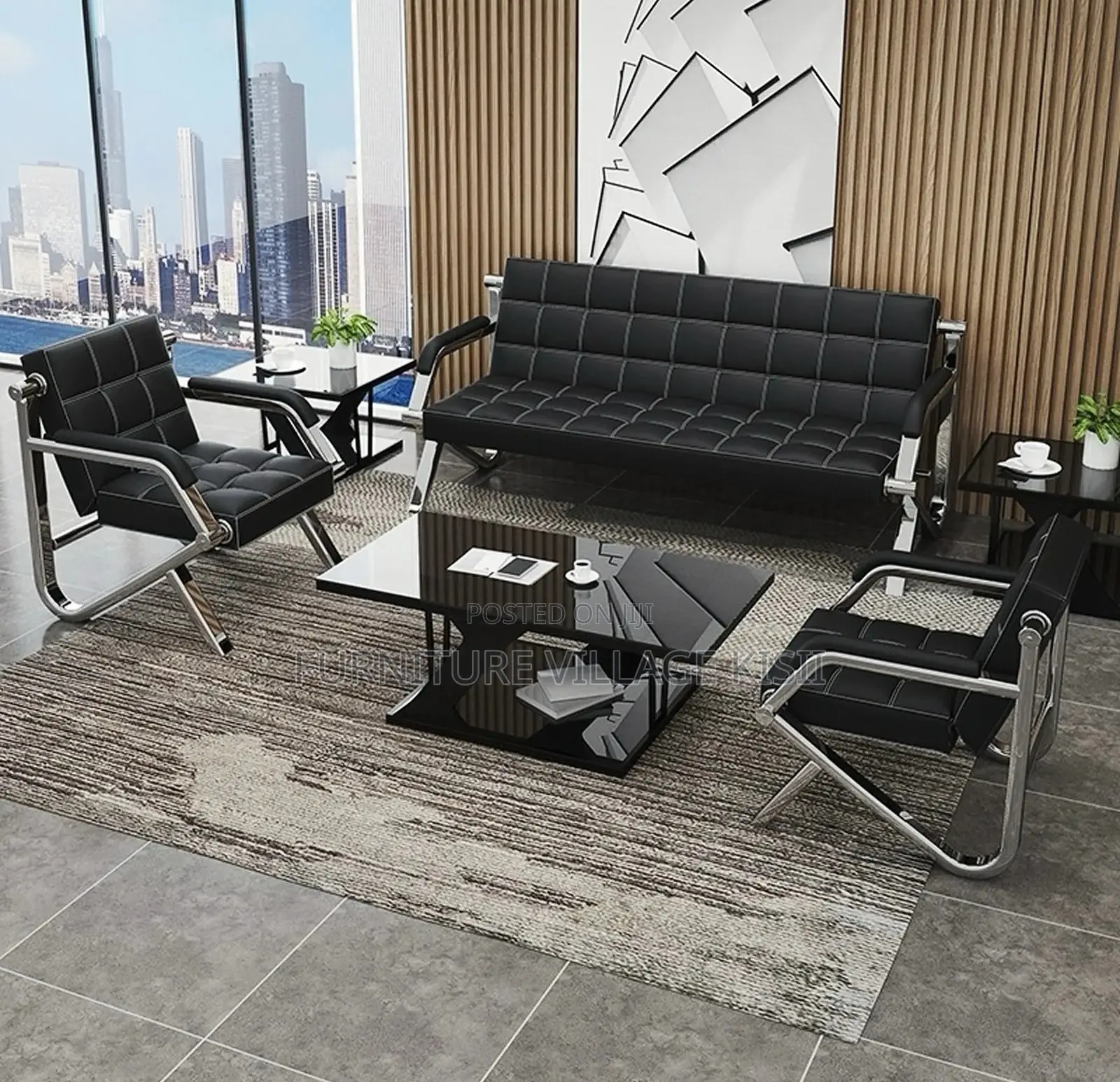 Office Chair;5-Seater Black Leather Reception Sofa Set