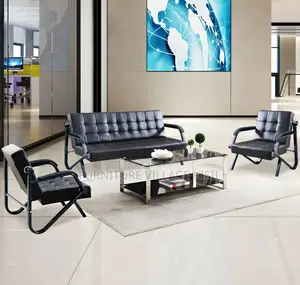 Office Chair;5-Seater Black Leather Reception Sofa Set