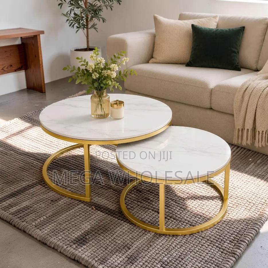 Modern Design Marble Nesting Coffee Table Set With Gold Metal Frame