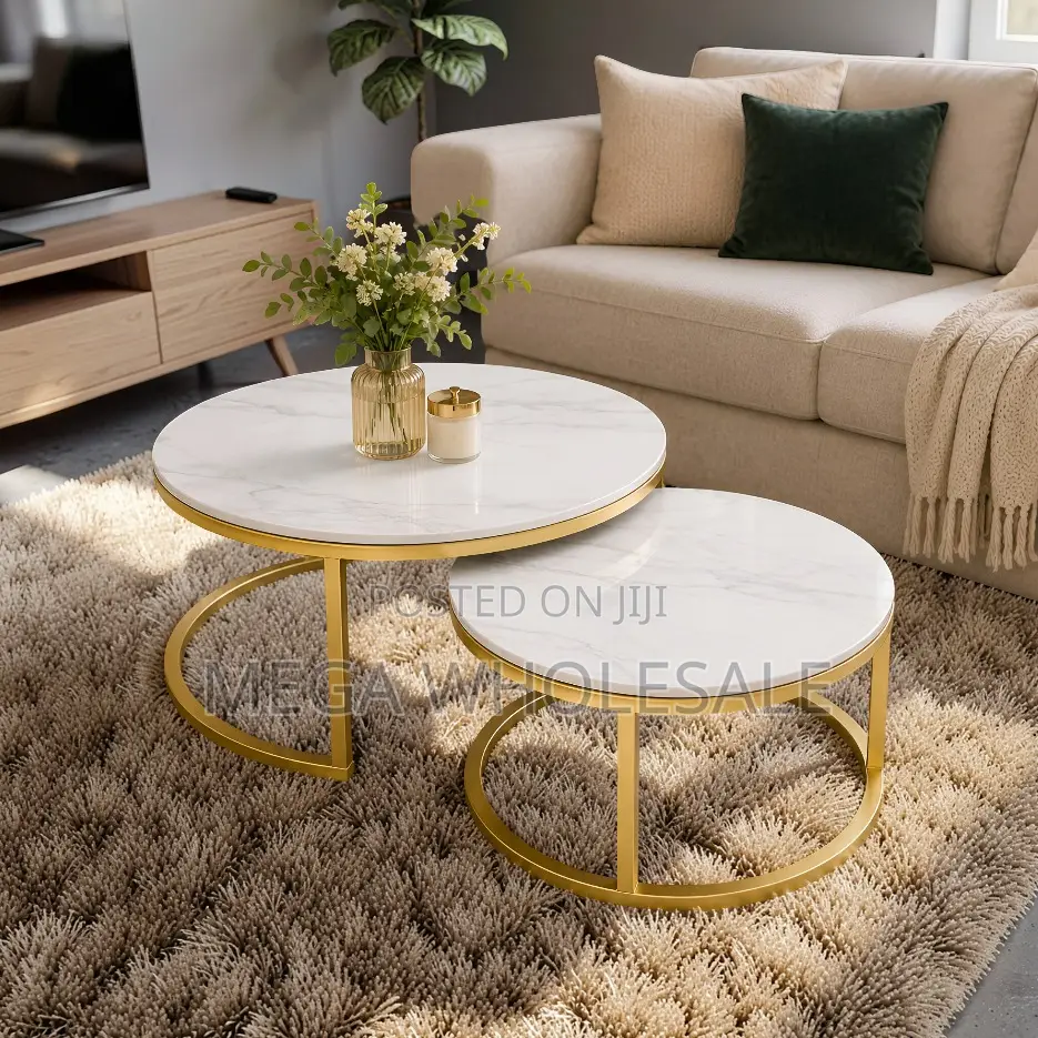Elegant Style Marble Nesting Coffee Table Set With Gold Metal Frame