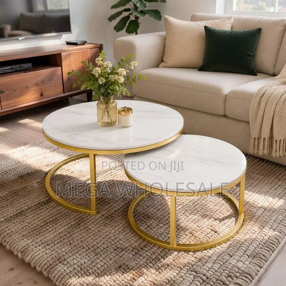 Elegant Style Marble Nesting Coffee Table Set With Gold Metal Frame