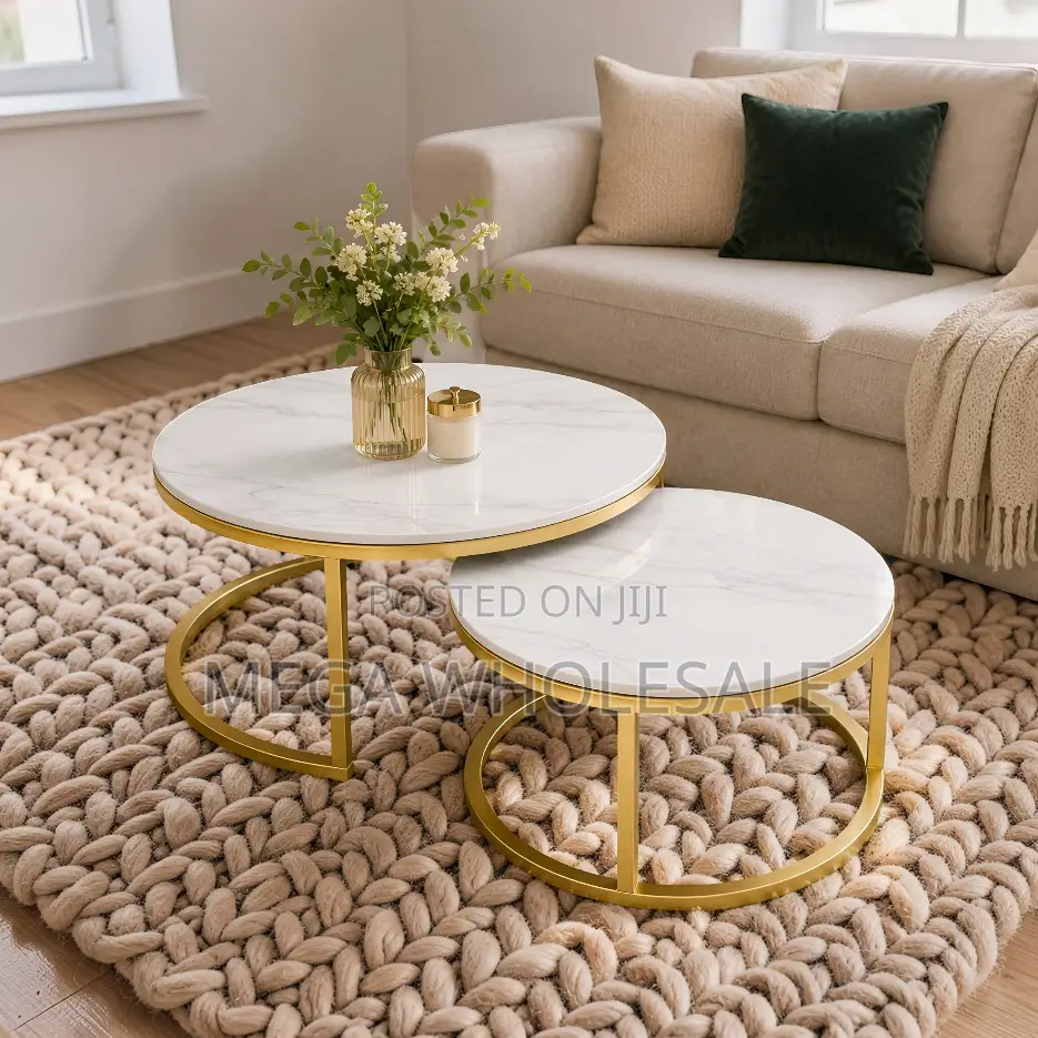 Smooth Surface Marble Nesting Coffee Table Set With Gold Metal Frame