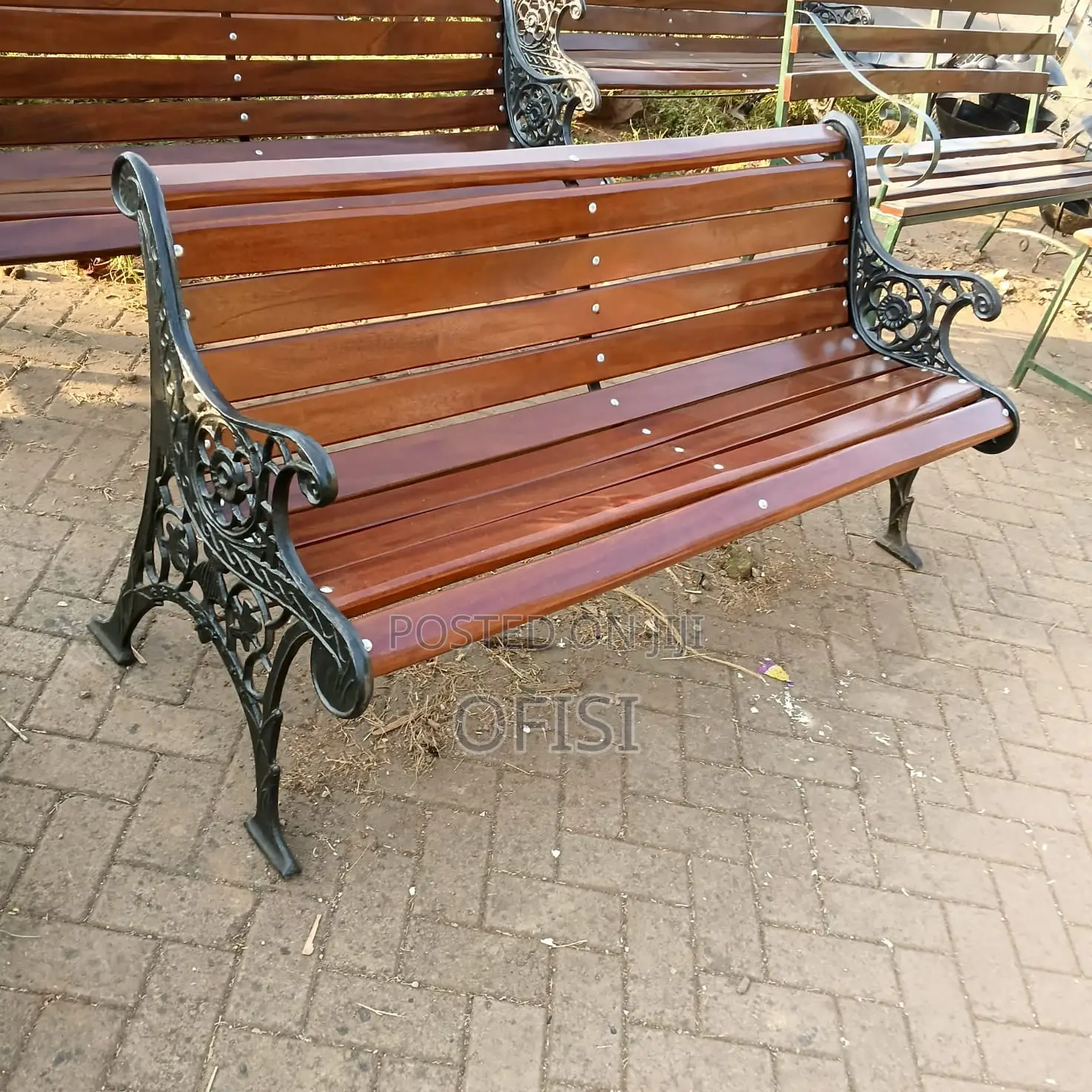 Modern Mahogany Finish Metallic Bench - 3 Seater