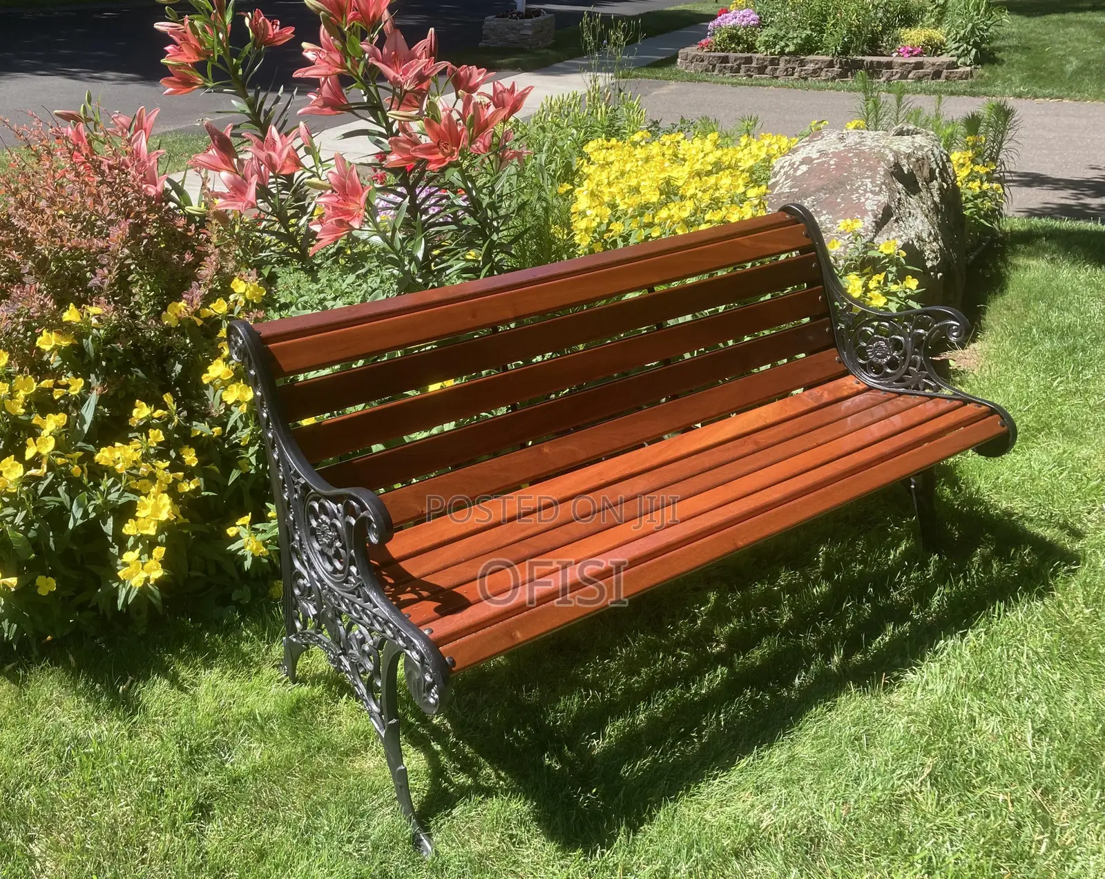 Modern Mahogany Finish Metallic Bench - 3 Seater