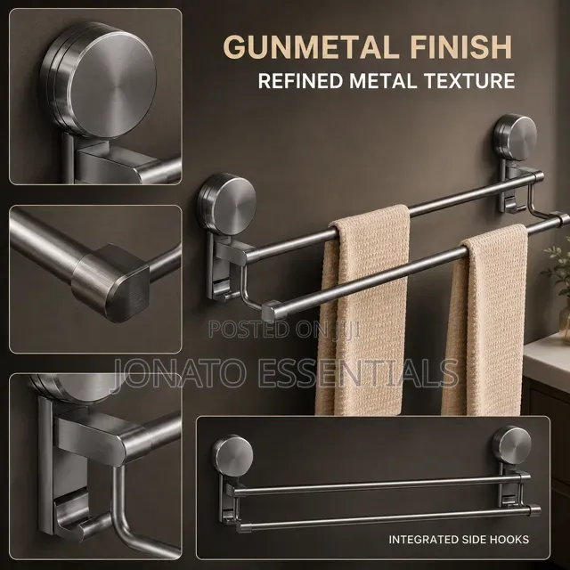 60cm No Drill Double Towel Bar Gunmetal Gray Bathroom Rack
