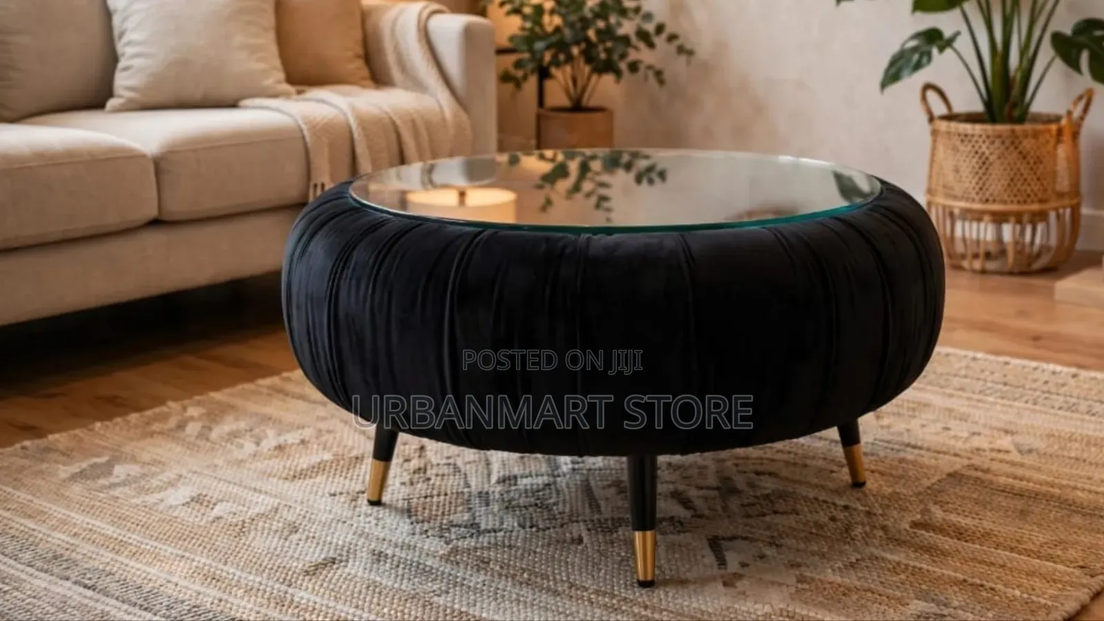 Luxury Black Velvet Coffee Table With Glass Top
