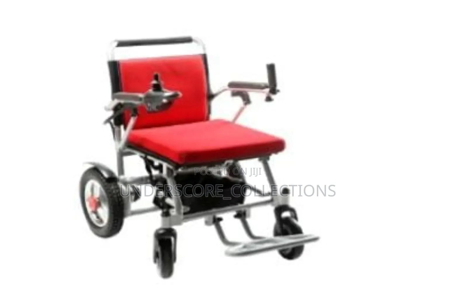 Foldable Electric Power Wheelchair With a Vibrant Red Cushioned Seat