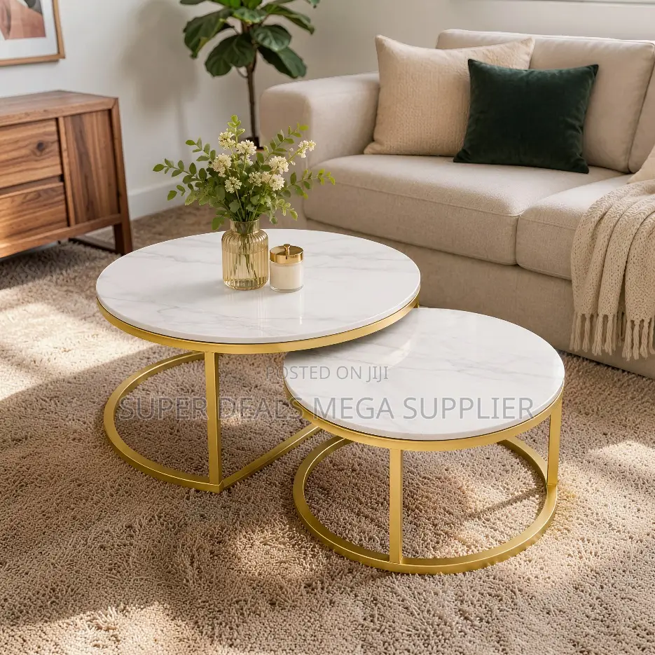 Modern Design Marble Nesting Coffee Table Set With Gold Metal Frame