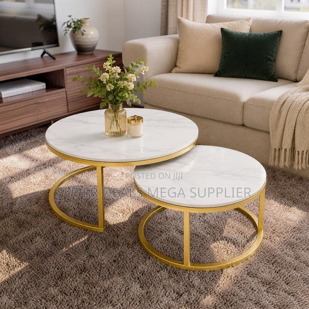 Elegant Style Marble Nesting Coffee Table Set With Gold Metal Frame
