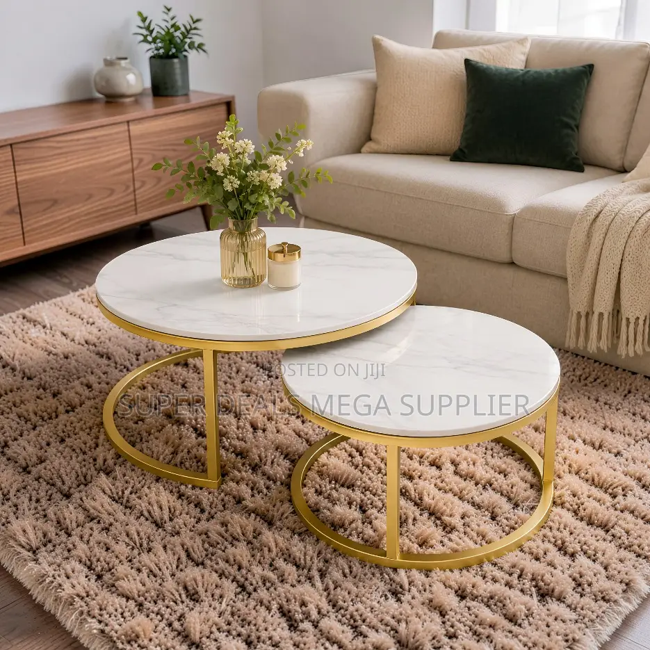 Durable Build Marble Nesting Coffee Table Set With Gold Metal Frame