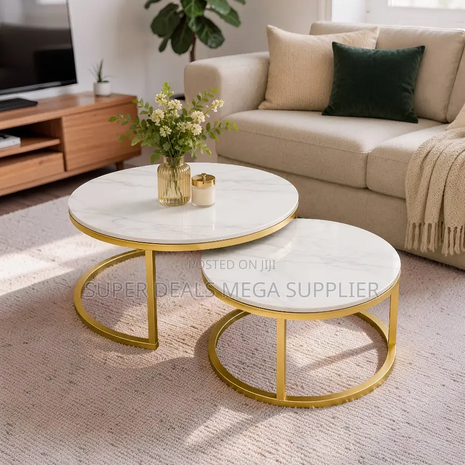 Durable Build Marble Nesting Coffee Table Set With Gold Metal Frame