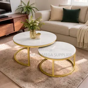 Smooth Surface Marble Nesting Coffee Table Set With Gold Metal Frame