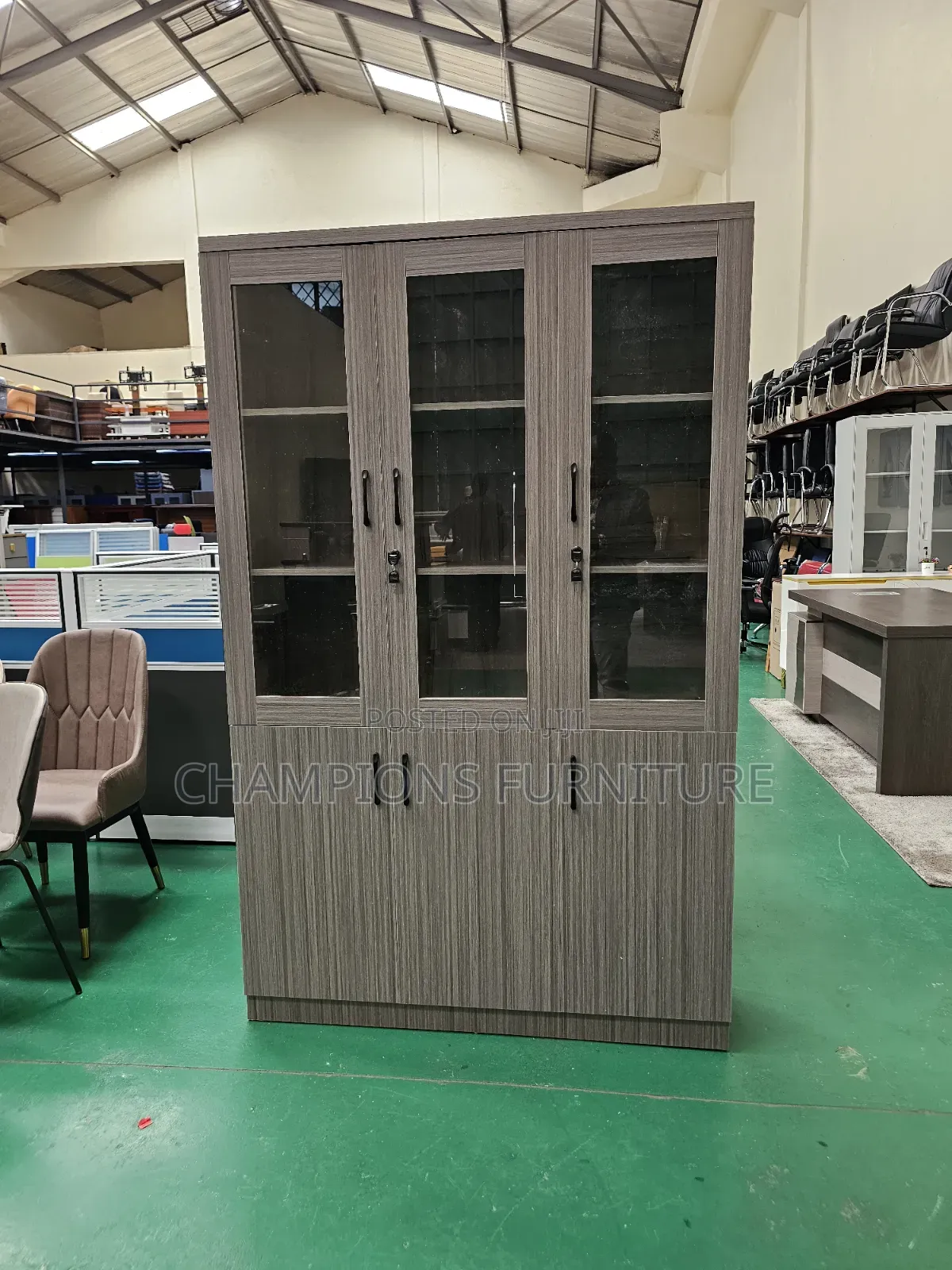 Grey 3-Door Wooden Display Cabinet
