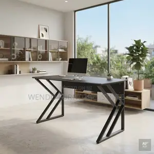 Office Desk; 1400mm Black Wooden Home Office Desk With Metallic Base