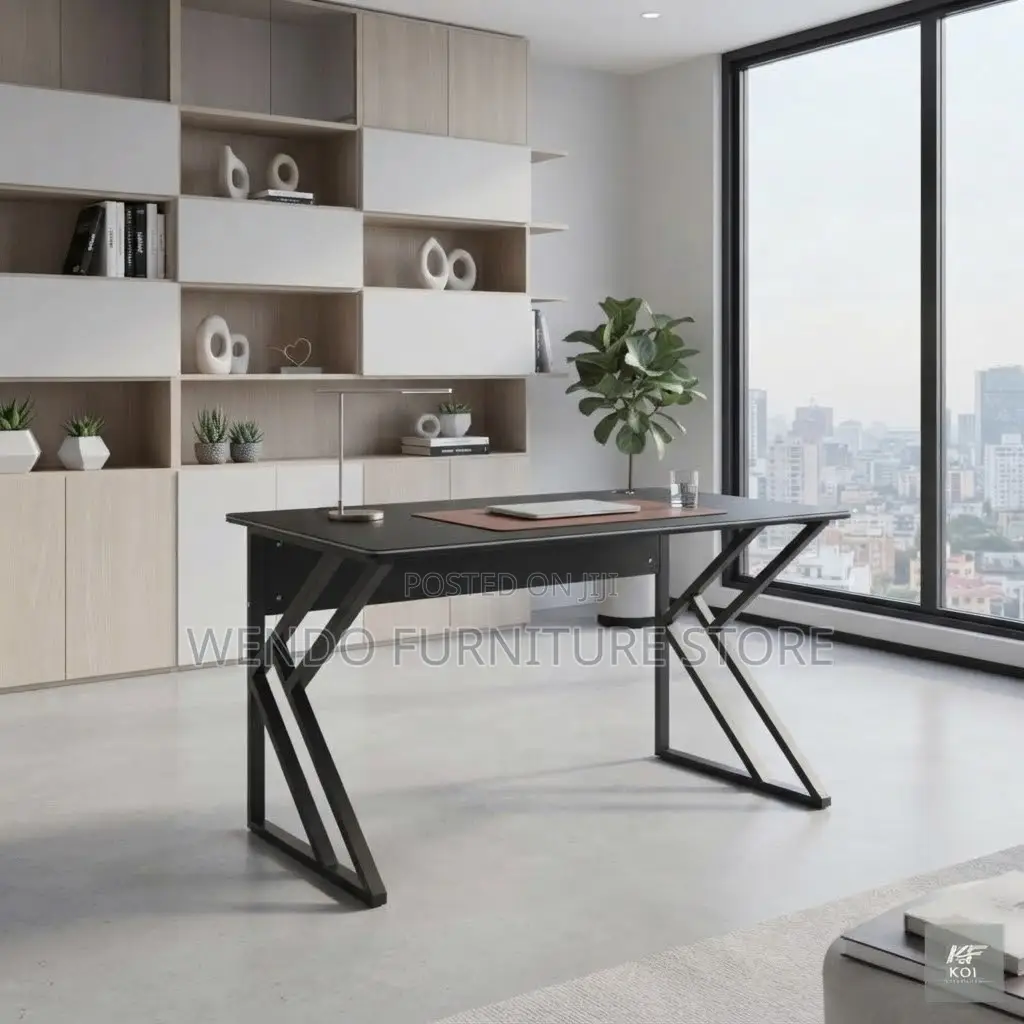 Office Desk; 1400mm Black Wooden Home Office Desk With Metallic Base