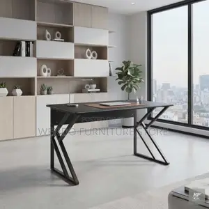 Office Desk; 1400mm Black Wooden Home Office Desk With Metallic Base
