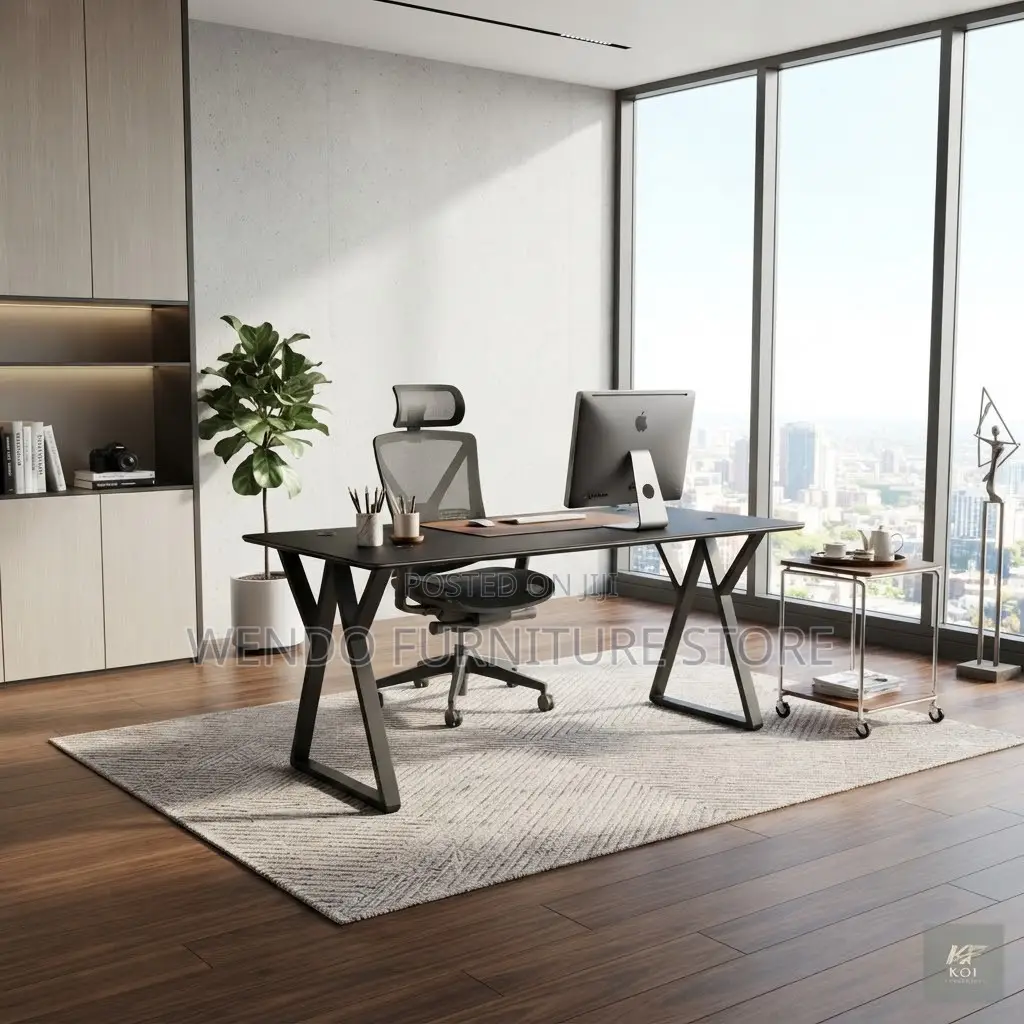 Office Desk; 1400mm Black Wooden Home Office Desk With Metallic Base