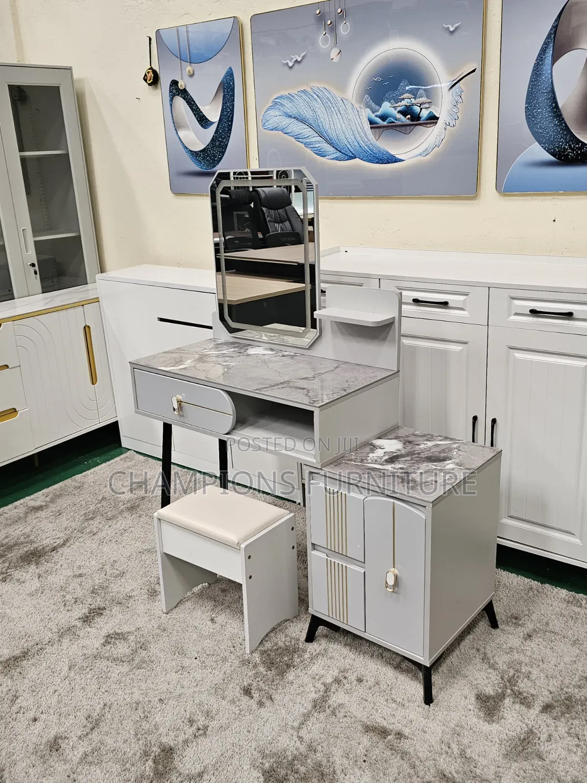 Grey Marble Top Dressing Table With Stool