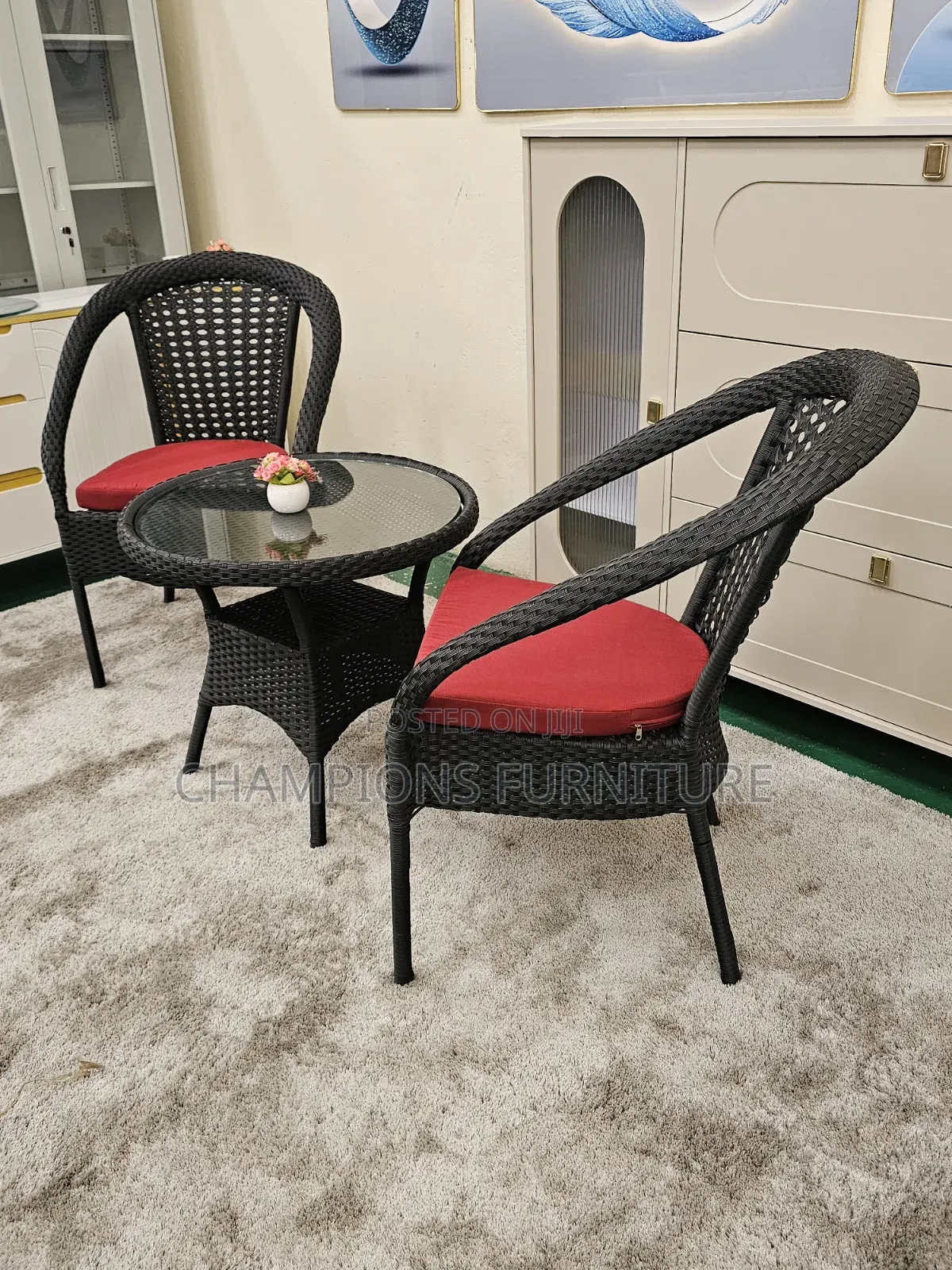 3-Piece Black Balcony Set With Maroon Cushions