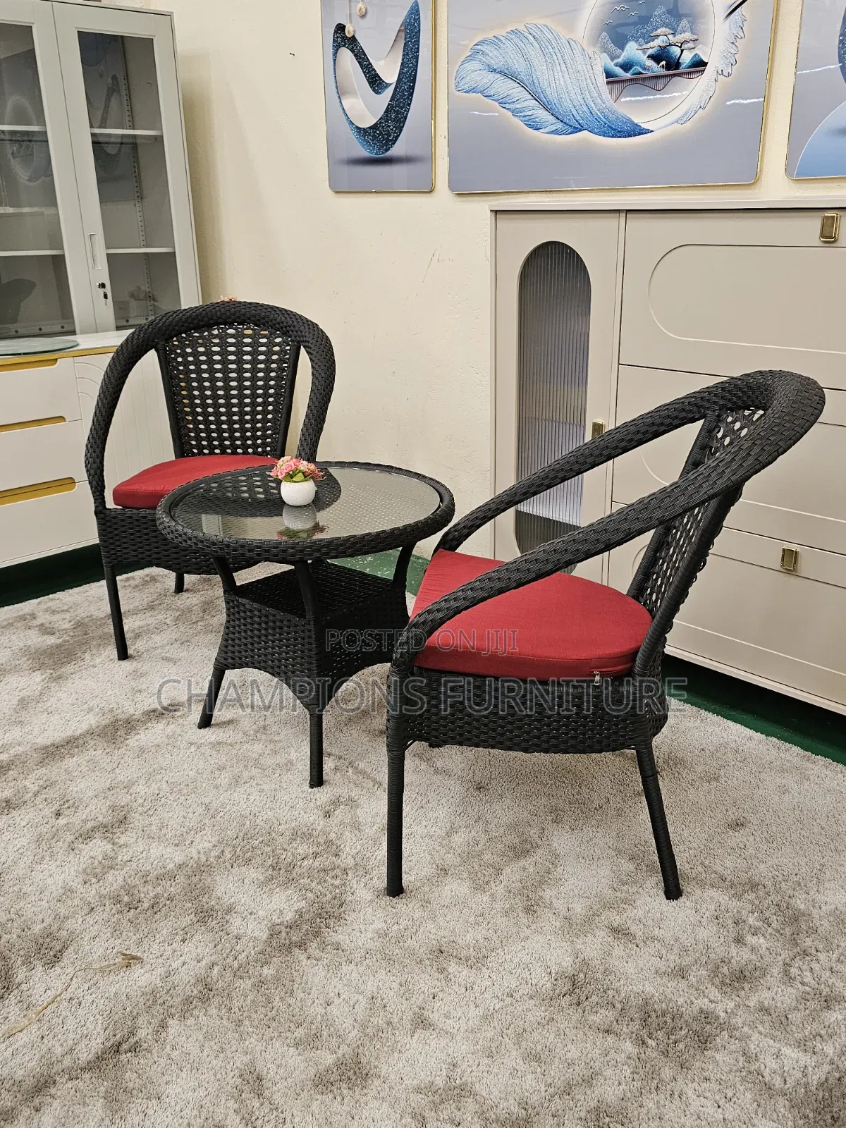 3-Piece Black Balcony Set With Maroon Cushions