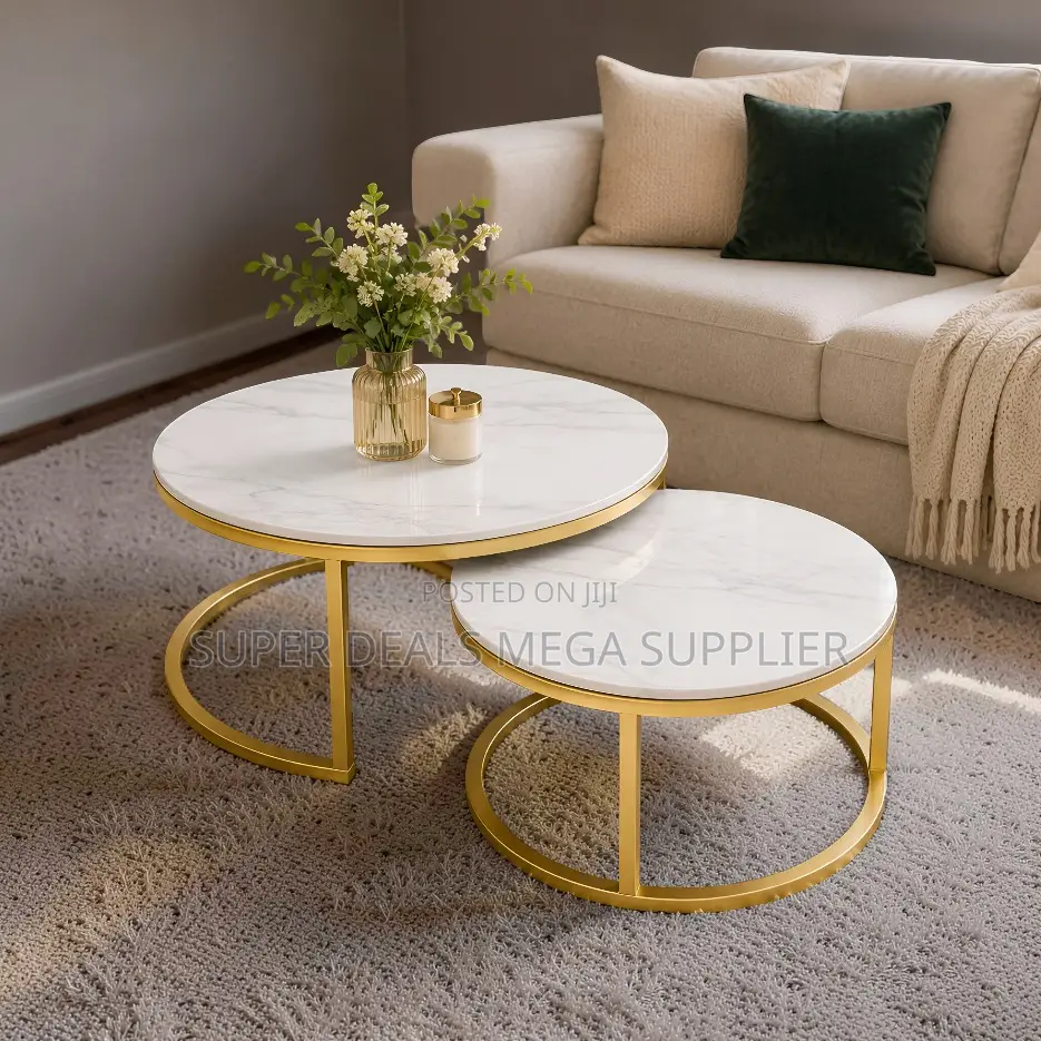 Sturdy Frame Marble Nesting Coffee Table Set With Gold Metal Frame
