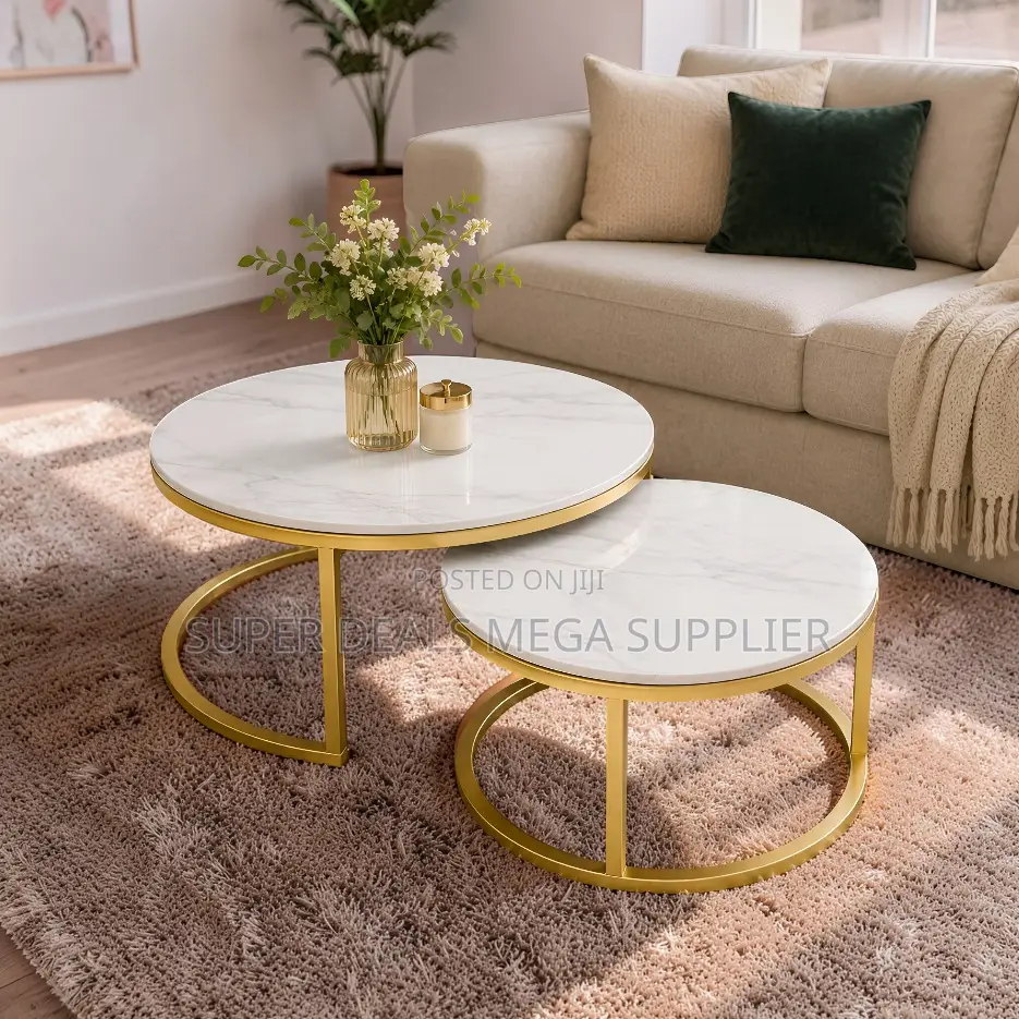 Sturdy Frame Marble Nesting Coffee Table Set With Gold Metal Frame