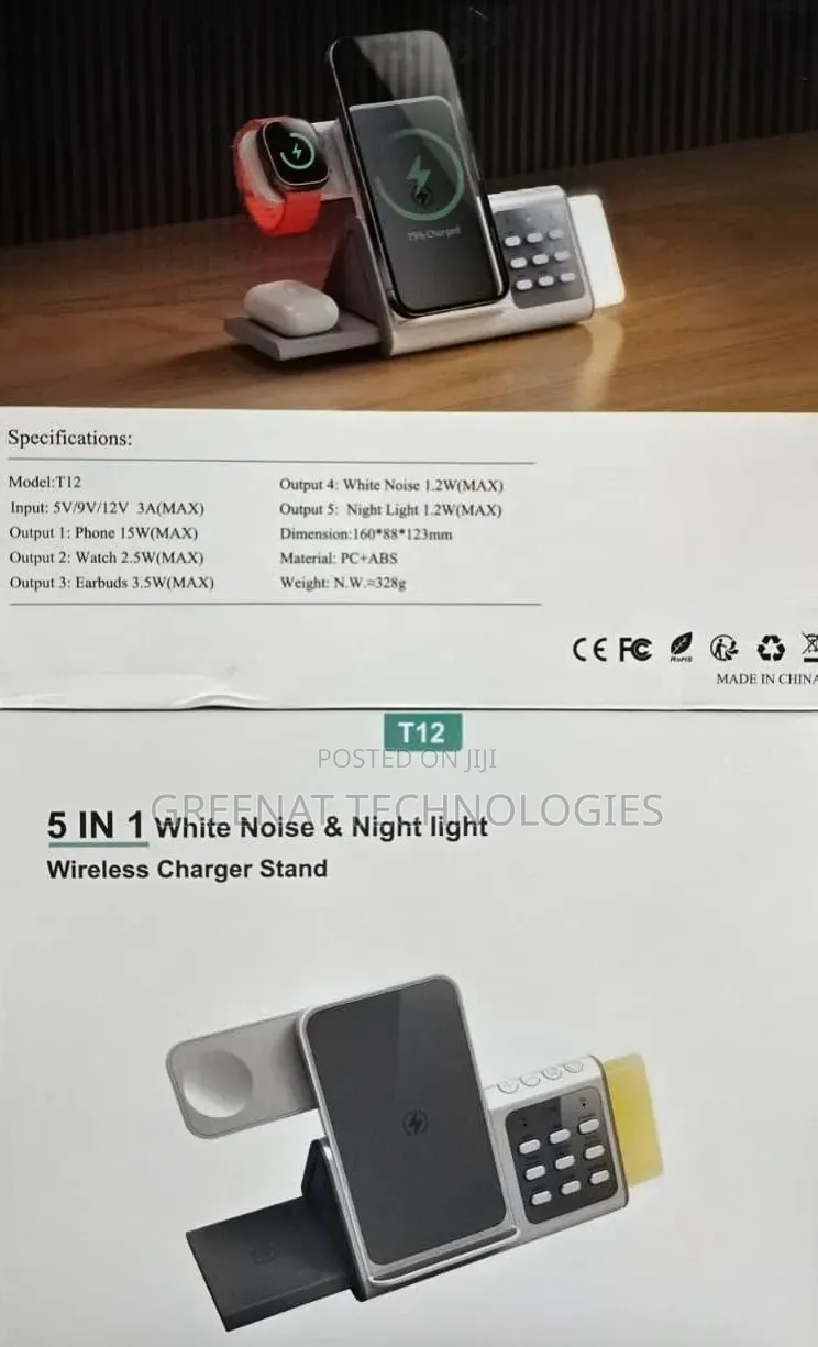 Apple Wireless Charger Station T12 5 in 1 White Noise Night Light