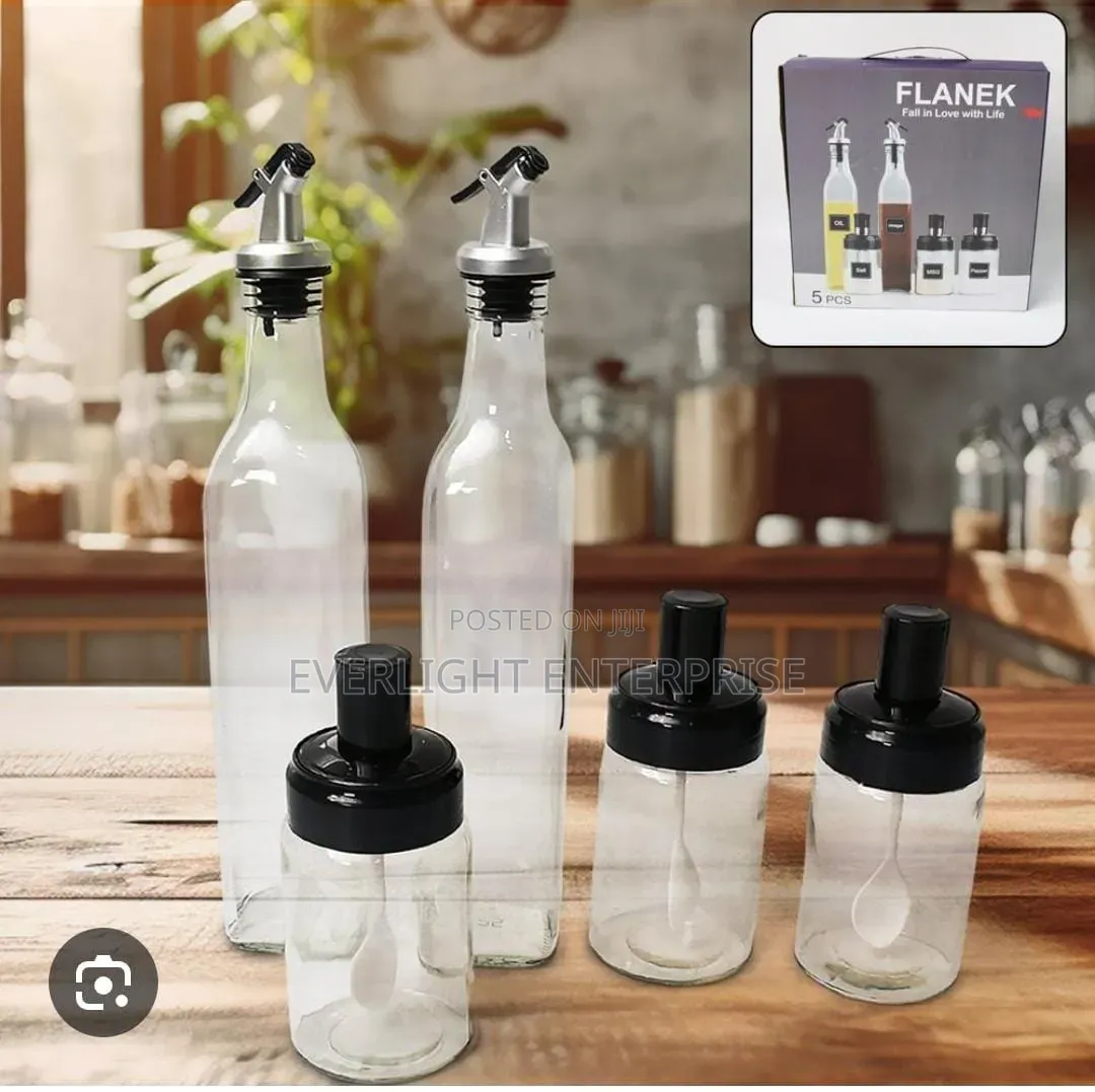 Glass 5pc Kitchen Set 2x600ml Oil Bottle N 3x200ml