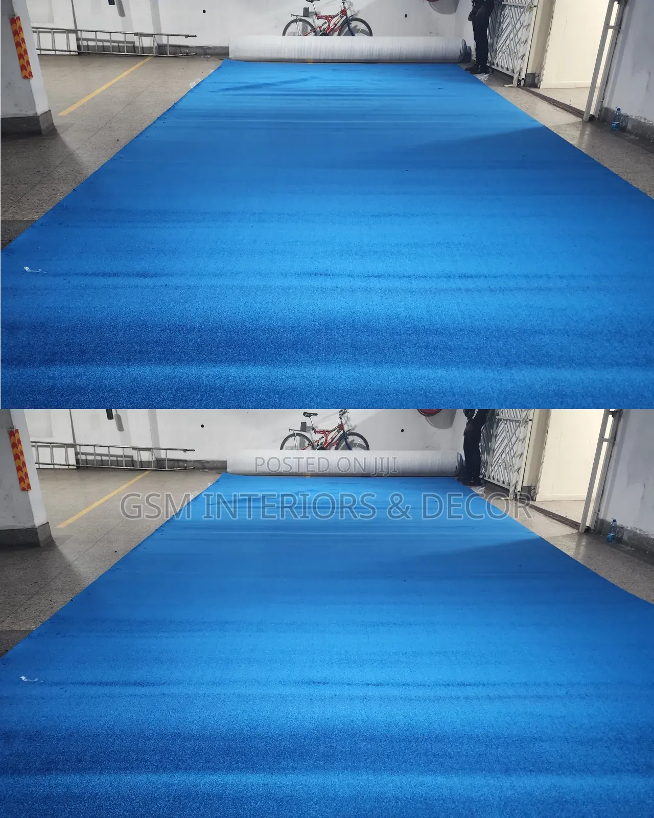 Wall to Wall Office Carpets in Blood Red and Ocean Blue Grained