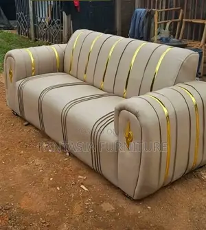 3 Seater Comfy Beige Sofa With Gold Stripes
