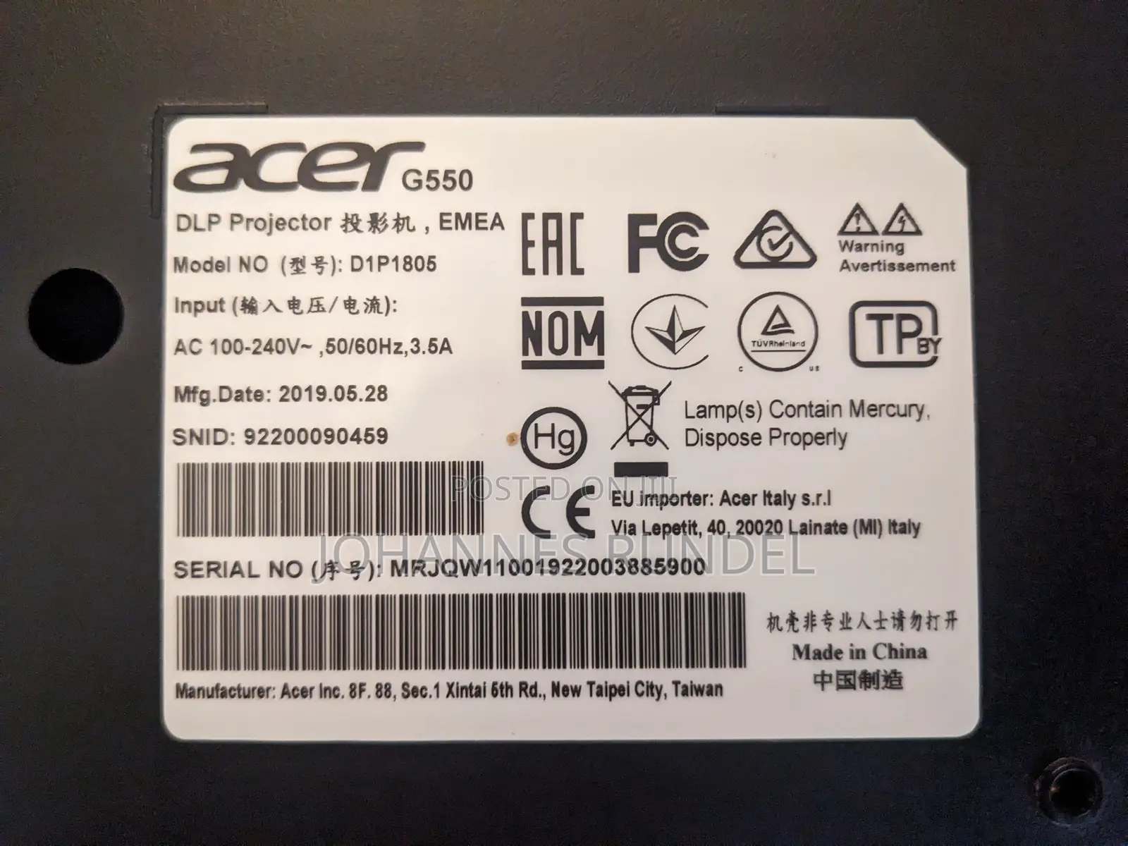 Acer G550 Full HD 1080p / 4k-Supported Gaming Projector (EU Import)
