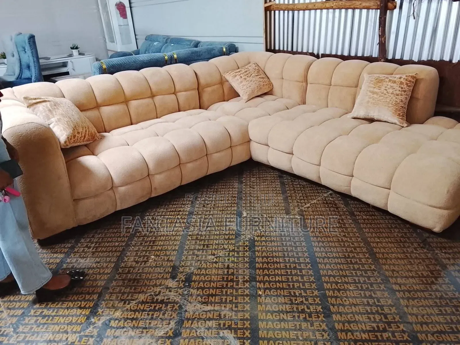 Cream L-Shaped Bubble Sofa 7-Seater