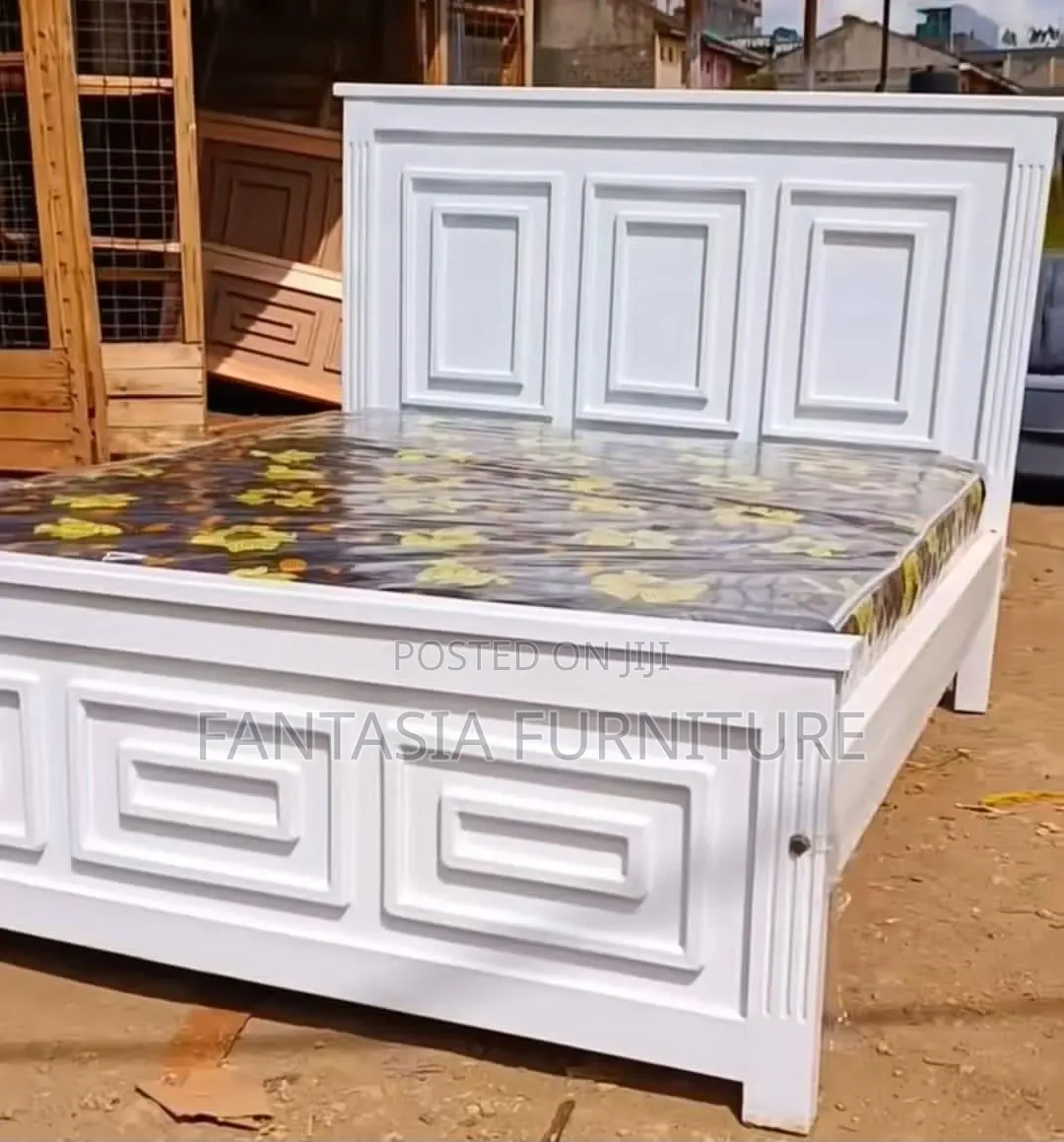 5 by 6 White Wooden Panel Bed