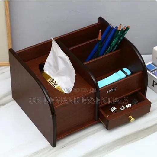 Multifunctional Wooden Desk Organizer With Inbuilt Tissue Box