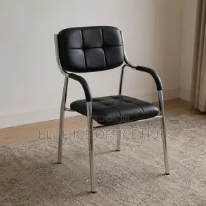 Black Leather Visitor Chair With Chrome Frame & Armrests