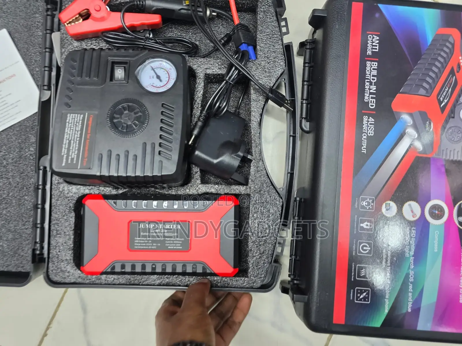 12V Auto Jump Starter Kit With Air Pump, Jumper Cables & Power Bank