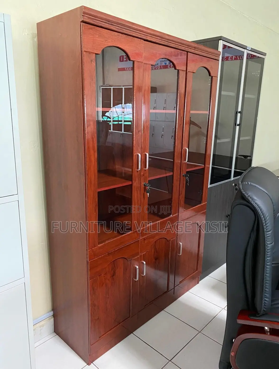 Office Cabinet; 3- Door Wooden Mahogany Storage Cabinet