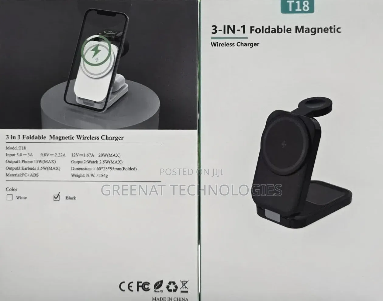 T18 3 in 1 Foldable Magnetic Wireless Charger 15W Phone Watch Earbuds