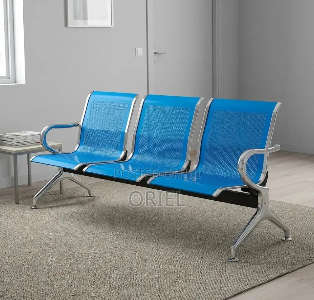 Office Bench : 3-Link Non Padded Blue Waiting Bench