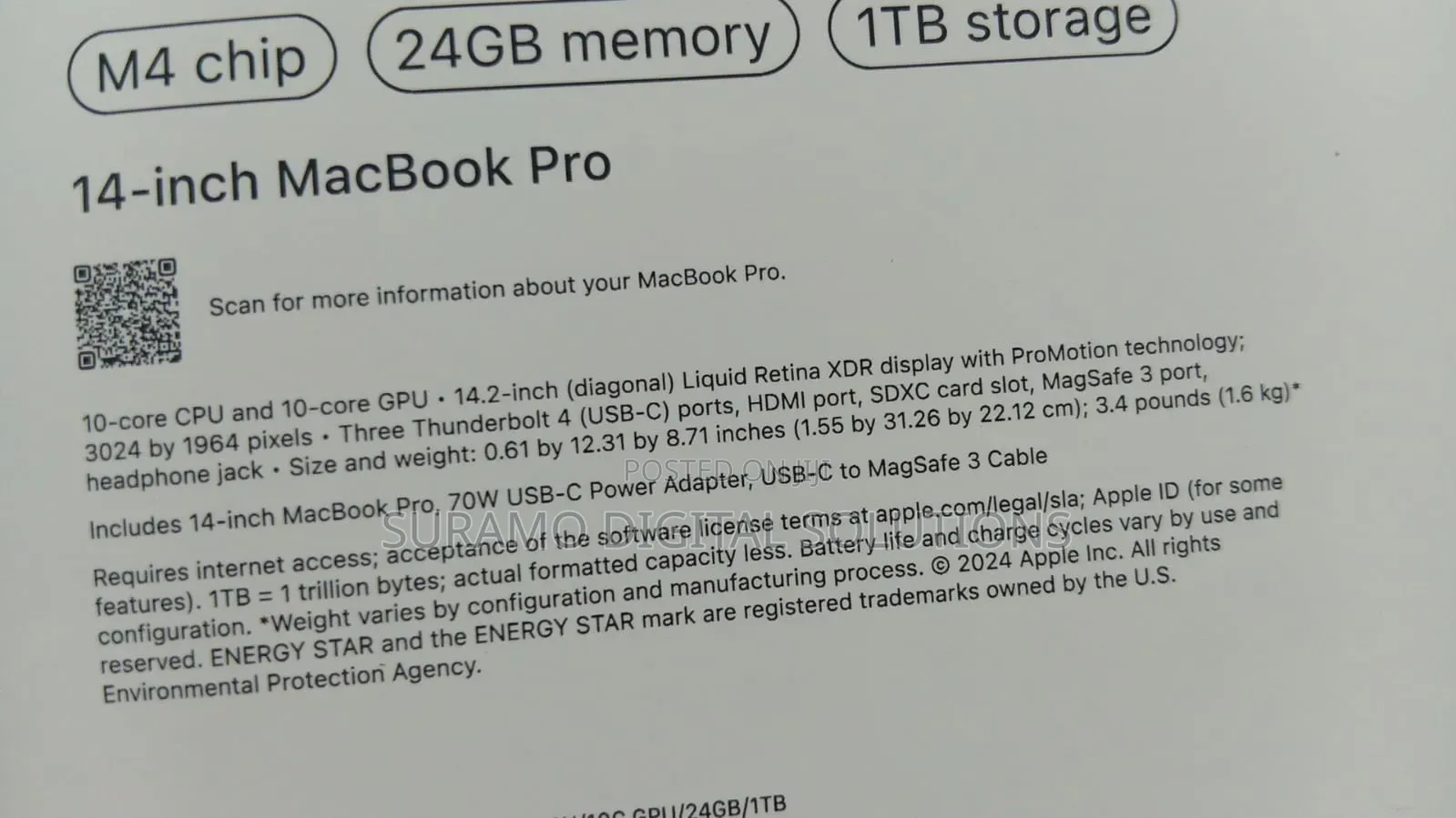 New Laptop Apple MacBook Pro 2024 M4 24GB Apple M4 SSD 1T
